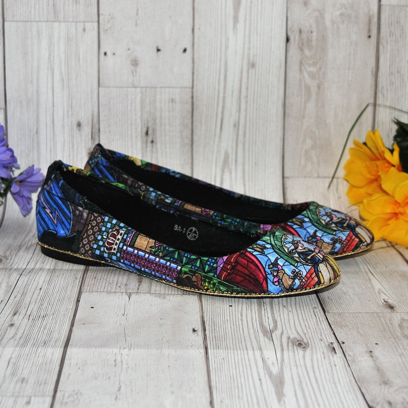 beauty and the beast stained glass fabric ballet flats and clutch bag - wedding party bridesmaid shoes