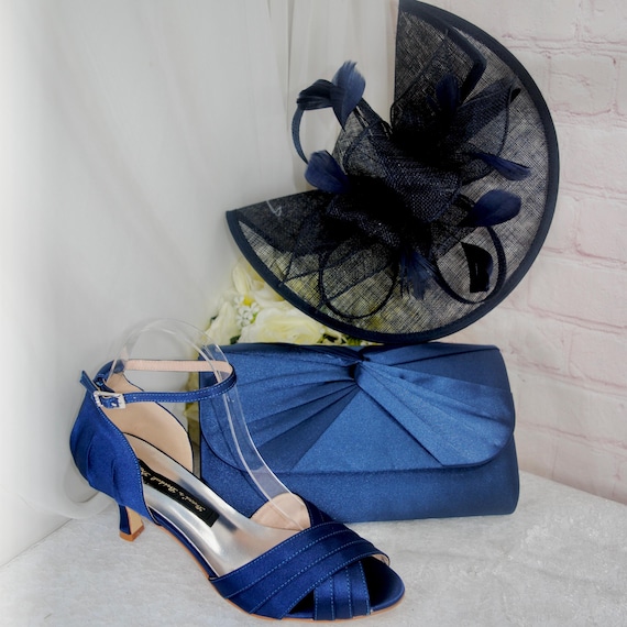 Navy Blue Satin Bridal Set: Heels, Clutch Bag Fascinator
