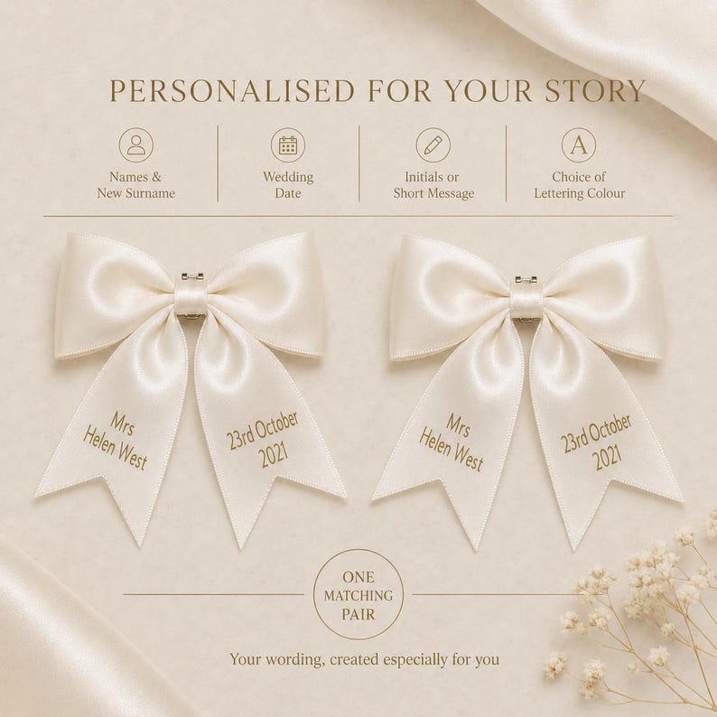 May include: A pair of cream-colored satin hair bows featuring the printed text Mrs Helen West and 23rd October 2021. The bows are displayed with icons for names, wedding date, initials, and lettering color, with the text Personalised for your story.