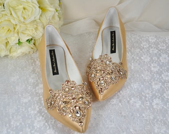 Handmade Gold Satin Bridal Flats: Rhinestone Appliqué Wedding Shoes