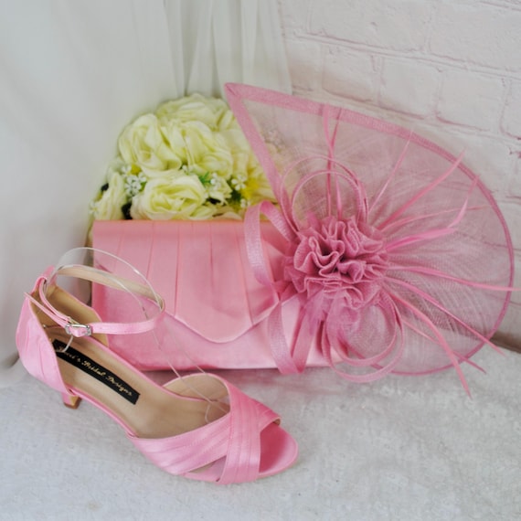 Pink Satin Bridal Set: Heels, Clutch, Fascinator - Handmade  display picture 2