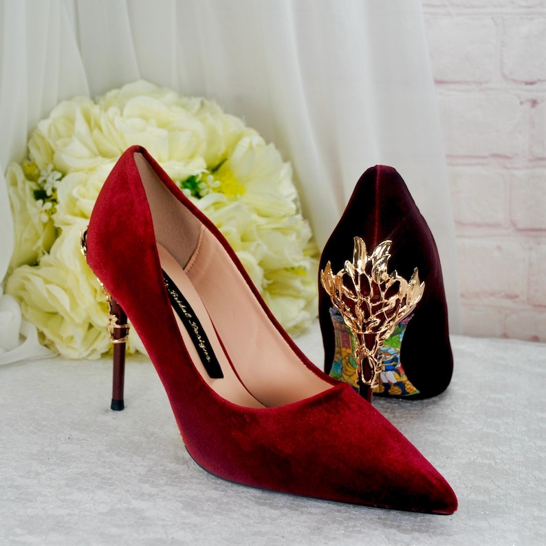 Burgundy Velvet Stiletto Heels with Gold Vine Details, Wine Red Handmade Luxury Bridal Shoes image 1