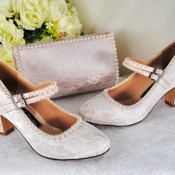 Champagne Satin and Lace Bridal Shoes, Block Heel Mary Jane Shoes, Pearl Wedding Shoes with Matching Bag