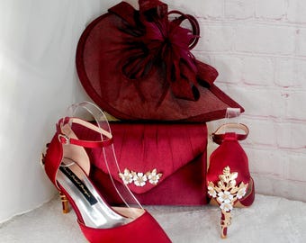 Burgundy Satin Heel, Clutch, and Fascinator Set, Wedding Guest Outfit