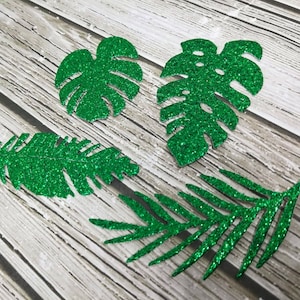 Foglie glitterate - Foglie tropicali ritagliate - Foglie tropicali glitterate - Fustellatura di carta - Carta glitterata - Foglie tropicali - Foglie glitterate