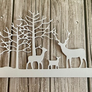 Skyline die cuts - Skyline di carta fustellato - Scena invernale bianca - Scena di cervo - Abbellimenti per biglietti di carta - Forniture per la creazione di biglietti - Scena bianca