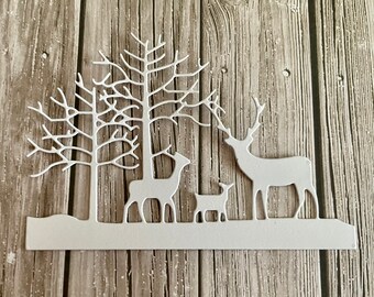 Skyline die cuts - Paper skyline die cut - White winter scene - Deer scene - Paper card embellishments - card making supplies  - White scene