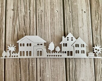 Skyline die cuts - Paper skyline die cut - White paper scene - Hous scene - Paper card embellishments - card making supplies  - White scene