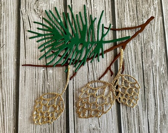 Paper branch with glitter pine cone and Pine branch - Pine cone - Pine branch - Tree branch - Branch - Glitter pine cone - Pine con cutout