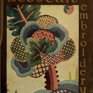 May include: A vintage book cover featuring a colorful embroidered floral design. The design includes blue, green, red, and brown elements. The text reads "Jacobean embroidery and Traditional Designs."