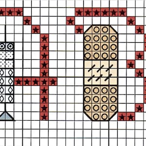 May include: Cross-stitch pattern spelling "NHS" with medical symbols. The letters are formed with red star-shaped stitches. The "N" includes a syringe, the "H" has a bandage, and the "S" has a thermometer.