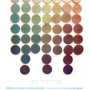 May include: A color chart with 42 round felt samples arranged in a grid pattern. The colors transition from green to brown. The text at the bottom reads "XD Series - Mixtures of Standards Cand 1", "XD Series - Mixtures of Standards Cand 1", "XD Series - Mixtures of Standards Cand 1", "SCHEME OF COLOUR STANDARDIZATION. Originated and Compiled by the Author."
