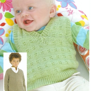 May include: A green knitted waistcoat with a V-neck and a textured pattern. The waistcoat is being worn by a baby.