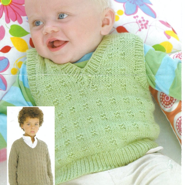 Children's knit PDF pattern – 6 sizes from 6 months to age 7 – jumper sweater vest V neck patterned knit - instant download PDF