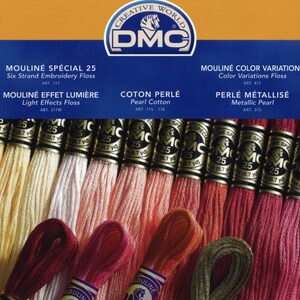 May include: A collection of DMC embroidery floss in various colors, including shades of yellow, pink, red, and green. The image features multiple spools of floss with labels indicating the type and color variations. The DMC logo is visible at the top.