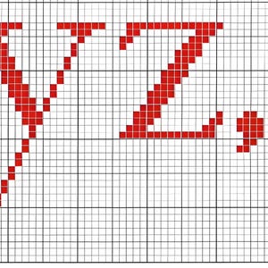 Peut inclure: Un motif de point de croix avec les lettres "Y" et "Z" en rouge. Les lettres sont formées de petits blocs carrés sur un fond quadrillé, avec un point à la fin du "Z". Le design est simple et graphique.