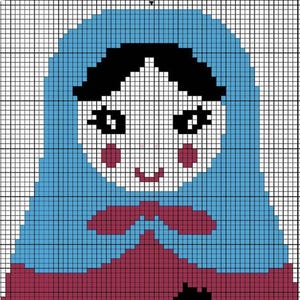 May include: A pixelated image of a Matryoshka doll cross-stitch pattern. The doll features a blue head covering, black hair, rosy cheeks, and a red dress. The design is created using a grid of colored squares.