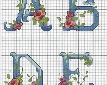 May include: Cross-stitch alphabet letters A, B, D, and E, each in a light blue hue, adorned with pink and red floral accents and green leaves. The letters are set against a grid background, showcasing a handcrafted embroidery design.