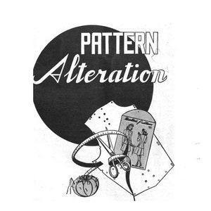 May include: Black and white illustration of a sewing pattern alteration guide. The illustration includes a sewing pattern, scissors, a measuring tape, and a tomato.