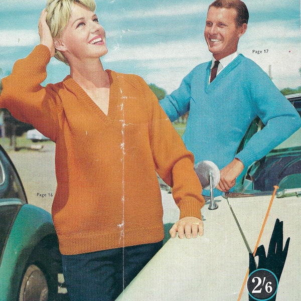 Classic 1960s PDF - 10 knitting pattern women mens cardigan jumpers raglan sleeves knitted vests jackets knitted waistcoat cowl V neck aran