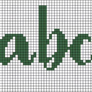 Può includere: Un motivo pixelato con le lettere "abc" in verde scuro. Le lettere sono in uno stile scritto a mano, e lo sfondo è una griglia di piccoli quadrati. L'immagine è una vista ravvicinata delle lettere.