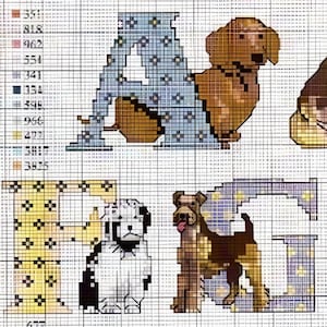 Peut inclure: Modèle de point de croix représentant les lettres A, B et R, chacune formée par un chien portant un pyjama. Le A est formé par un teckel portant un pyjama bleu avec des étoiles blanches, le B est formé par un terrier portant un pyjama jaune avec des étoiles noires, et le R est formé par un terrier portant un pyjama bleu avec des étoiles blanches.