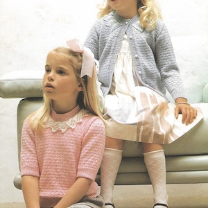 Children&#39;s knit PDF pattern – Sirdar Fonteyn crepe snuggly 7421 Jumper Cardigan 4 sizes small child sweater lace collar instant download PDF