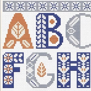 May include: Cross-stitch sampler with the letters A, B, C, F, G, and H. The letters are in various colors, including orange, blue, and gray, with decorative patterns. The background is white with a dotted texture.