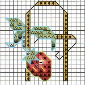 Könnte beinhalten: Kreuzstichmuster mit einer stilisierten Erdbeere, einem hellblauen Schmetterling und einem goldfarbenen Bogen. Die Erdbeere ist rot mit schwarzen Details und einem grünen Umriss. Der Hintergrund ist ein Raster.