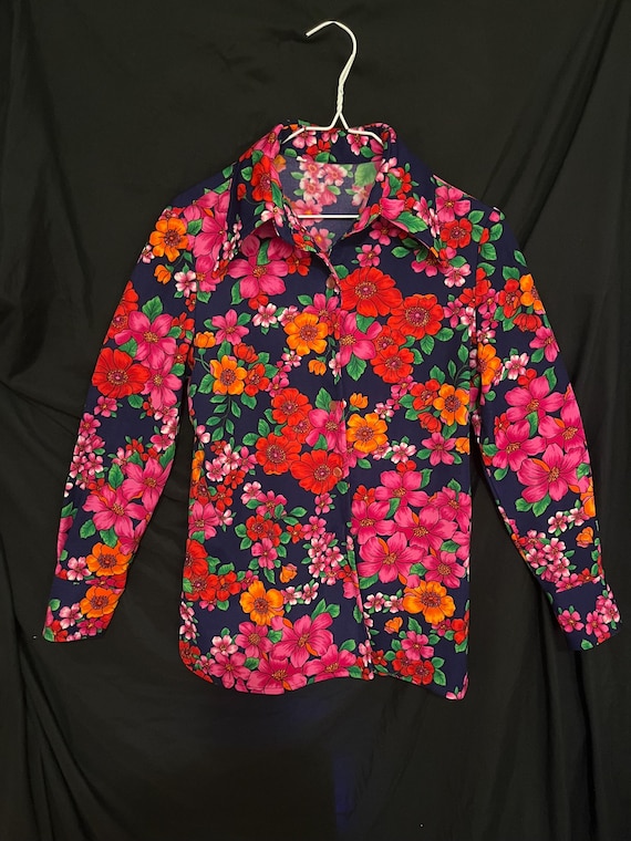 Vintage 1970s Handmade Neon Bright Floral Long-Sleeve Top-Vintage Clothing-RARE-From Authentic Personal Vintage Collection