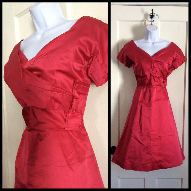 Fabulous 1950s Hot Pink Satin Bombshell Cocktail Party Dress looks size Small 28 inch waist with Bow