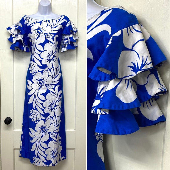 1950s Hawaiian Maxi Dress Ruffle Sleeves Looks Size M Waltah - Etsy