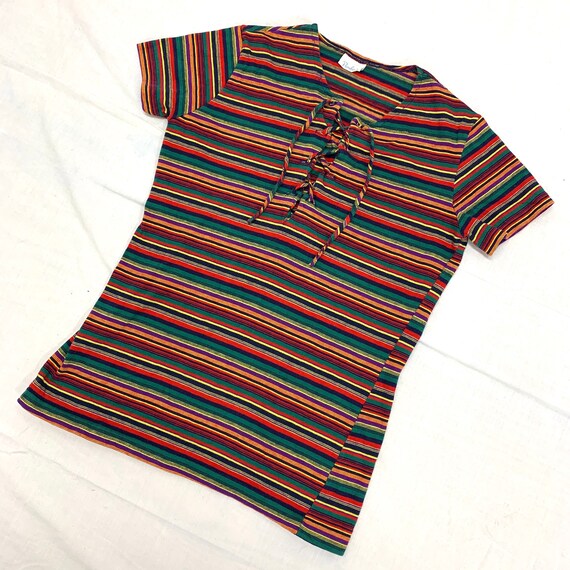 1960s lace up thin striped t-shirt size XS 15x21 b