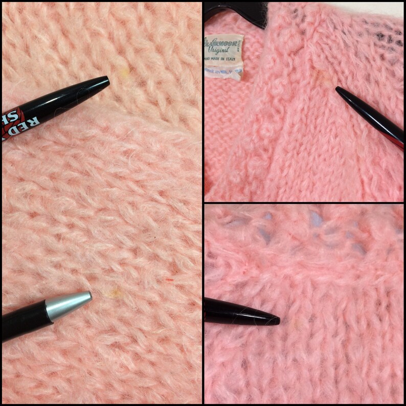1960/'s pastel salmon pink mohair wool pullover v-neck fuzzy sweater with pockets size small slouchy oversized hand made in Italy Blairmoor