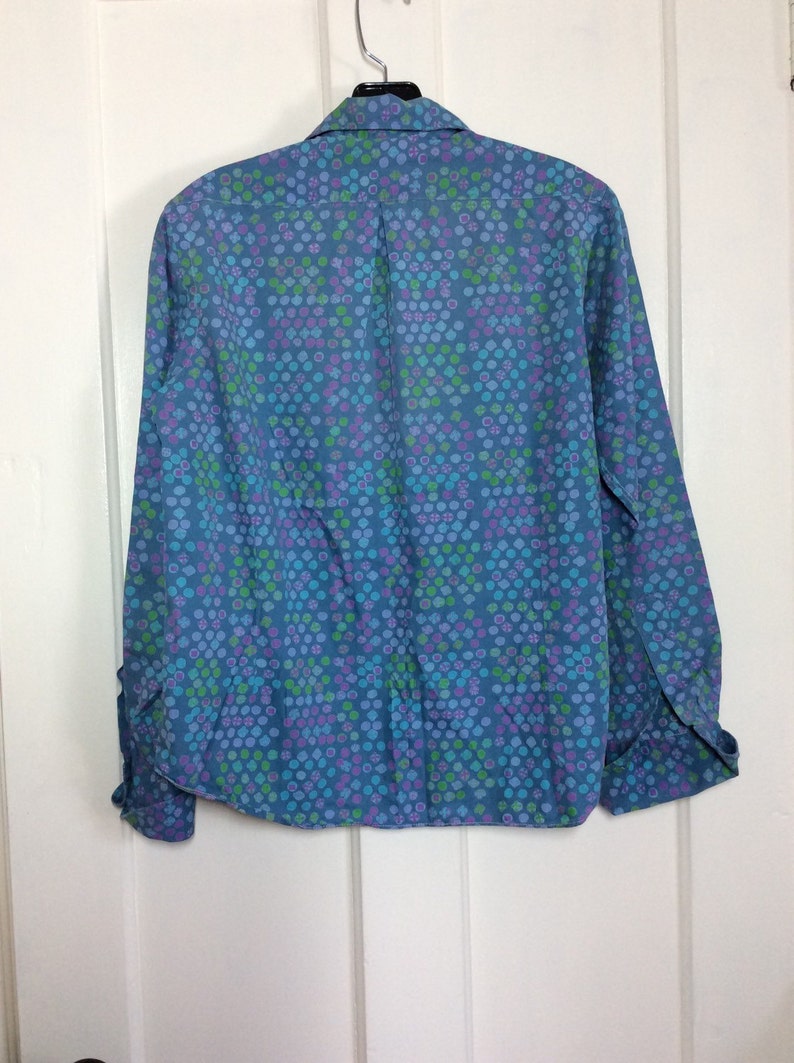 Vintage 1940/'s cotton loop shirt Blouse Blue abstract polka dot patterned looks size large French cuffs Lady Guilford