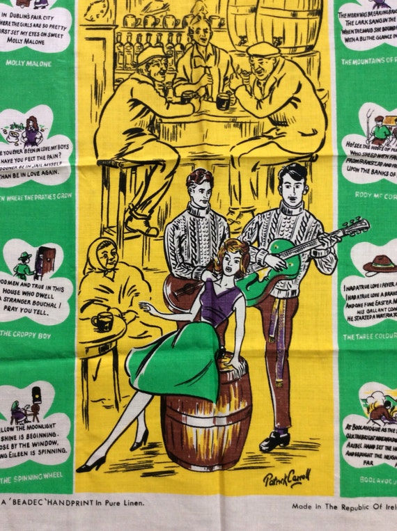 Deadstock 1950s Tea Towel Irish Ballads Beer Drinking Musicians Beatnik Bar Scene Songs Nos Irish Folk Music Beadec Handprint Pure Linen - 