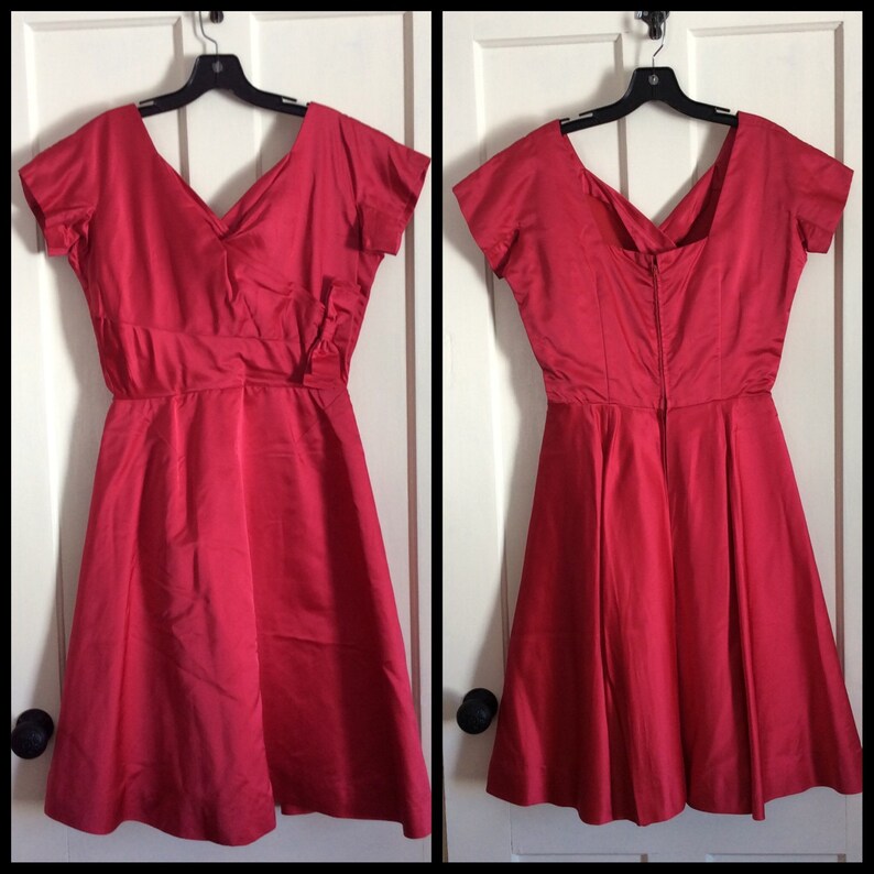Fabulous 1950s Hot Pink Satin Bombshell Cocktail Party Dress looks size Small 28 inch waist with Bow