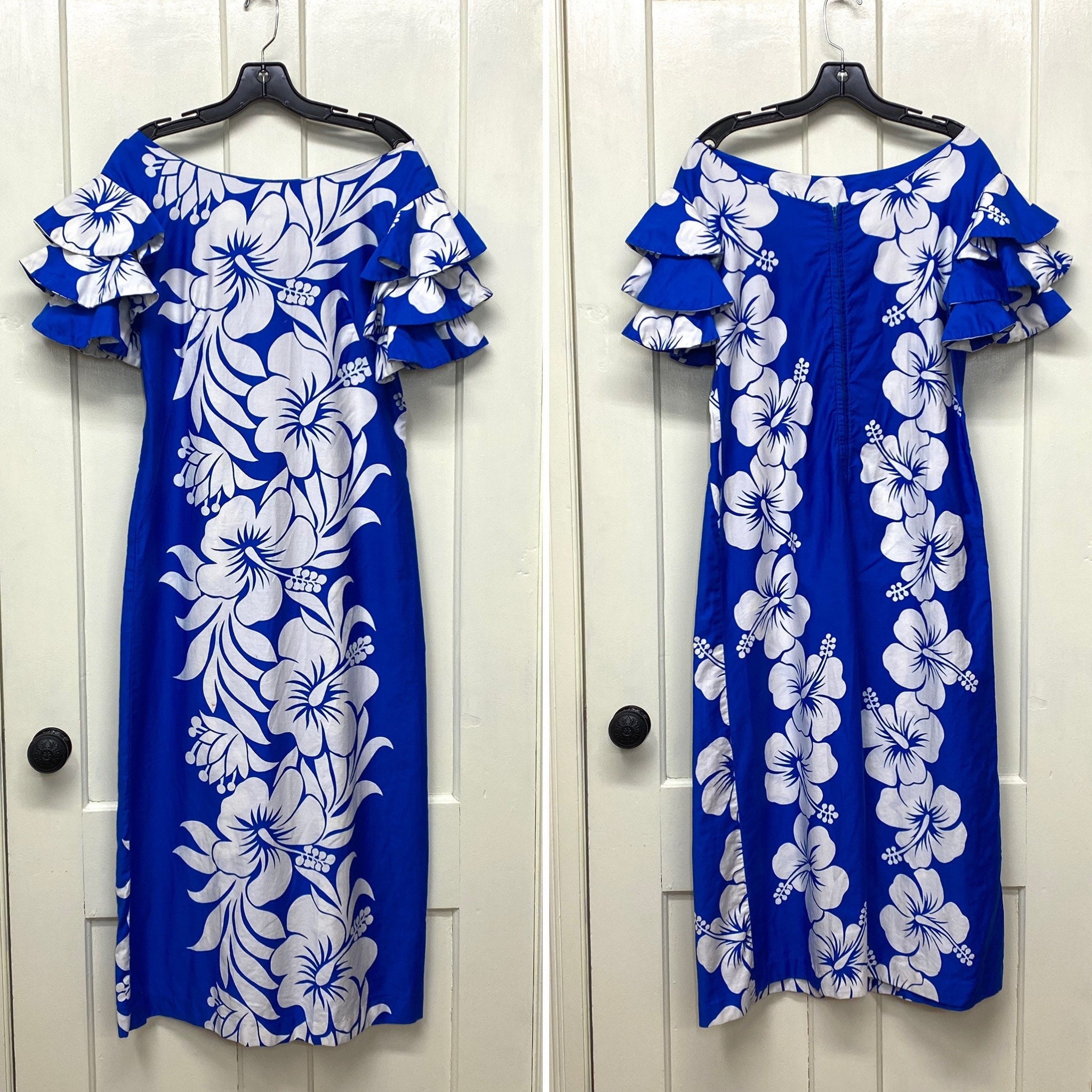 1950s Hawaiian Maxi Dress Ruffle Sleeves Looks Size M Waltah | Etsy