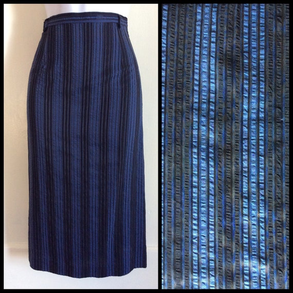 Vintage 1950's Black and Royal Blue Striped Seersu