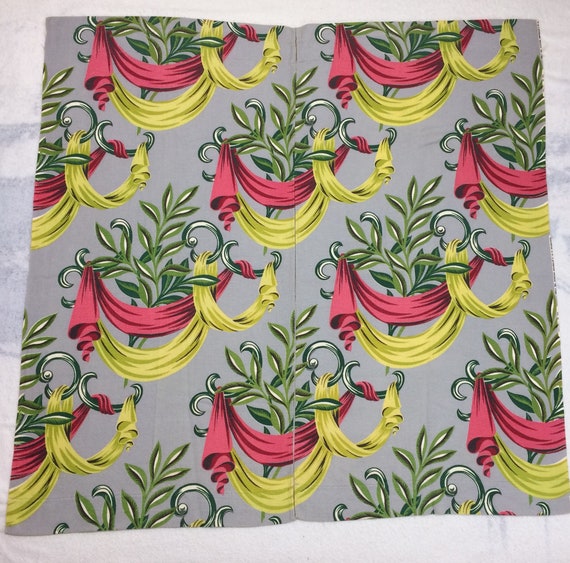 1930s 1940s Barkcloth Curtains Pair Gray Bright Pink Yellow Etsy