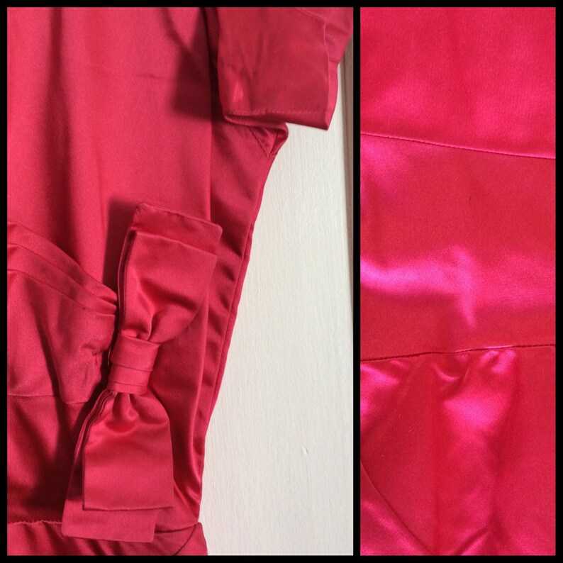 Fabulous 1950s Hot Pink Satin Bombshell Cocktail Party Dress looks size Small 28 inch waist with Bow
