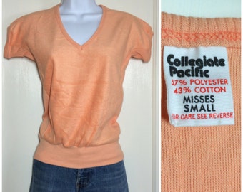 Pick one- deadstock 1970s peach color cropped terry cloth V-neck t-shirt size S or M disco era NOS made in USA