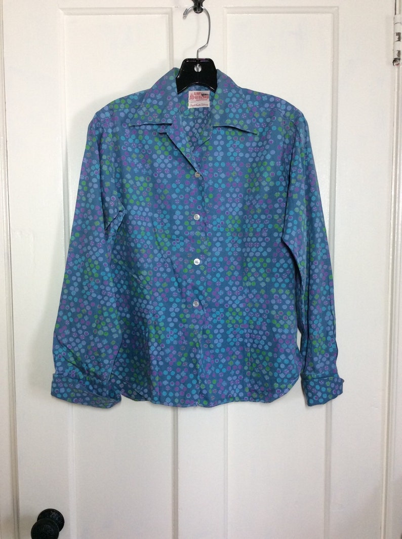 Vintage 1940/'s cotton loop shirt Blouse Blue abstract polka dot patterned looks size large French cuffs Lady Guilford