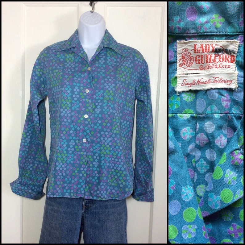 Vintage 1940/'s cotton loop shirt Blouse Blue abstract polka dot patterned looks size large French cuffs Lady Guilford