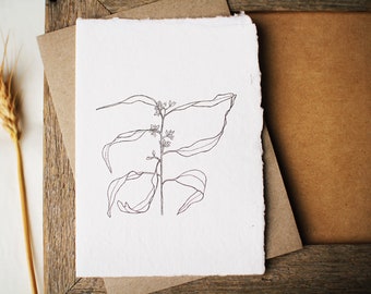 Australian botanical card made from handmade paper. Eucalyptus gum leaves line drawing. Recycled envelope. Eco friendly card for friend.