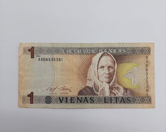 1 Litas - Lithuanian paper money, ephemera, for altered arts, cards, collages, collections.