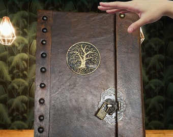 Leather Herb Witches Book with herbal recipes and spell pages for each herb in color wicca grimoire