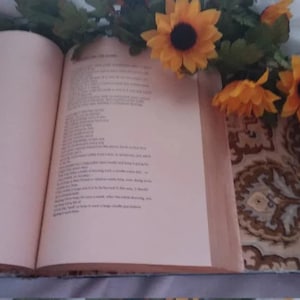 Pu&ograve; includere: Un libro aperto con testo sulla pagina destra, con una composizione floreale di girasoli gialli e foglie verdi in alto. Le pagine del libro sono di una tonalit&agrave; rosa tenue e lo sfondo include un tessuto fantasia.