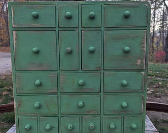 Wicca Apothecary Box: Green Wooden tea Cabinet for Herbs, Oils, Crystals