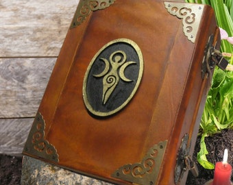 May include: A brown leather-bound book with brass corner protectors and a brass clasp. The cover features a black oval emblem with a gold-coloured symbol. The book is set against a wooden background.